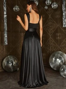 Belted Maxi Satin Prom Bridesmaid Dress - Black - View 2
