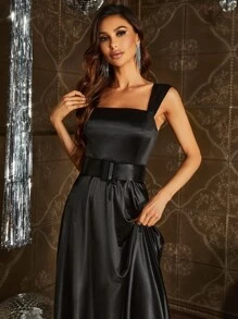 Belted Maxi Satin Prom Bridesmaid Dress - Black - View 3