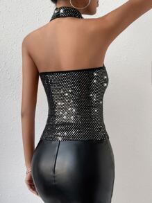 Allurite Rhinestone Contrast Mesh Halter Top