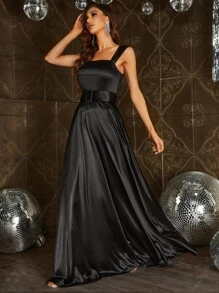 Belted Maxi Satin Prom Bridesmaid Dress - Black - View 5