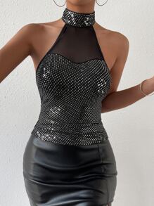 Allurite Rhinestone Contrast Mesh Halter Top