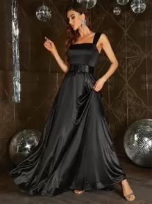 Belted Maxi Satin Prom Bridesmaid Dress - Black - View 6