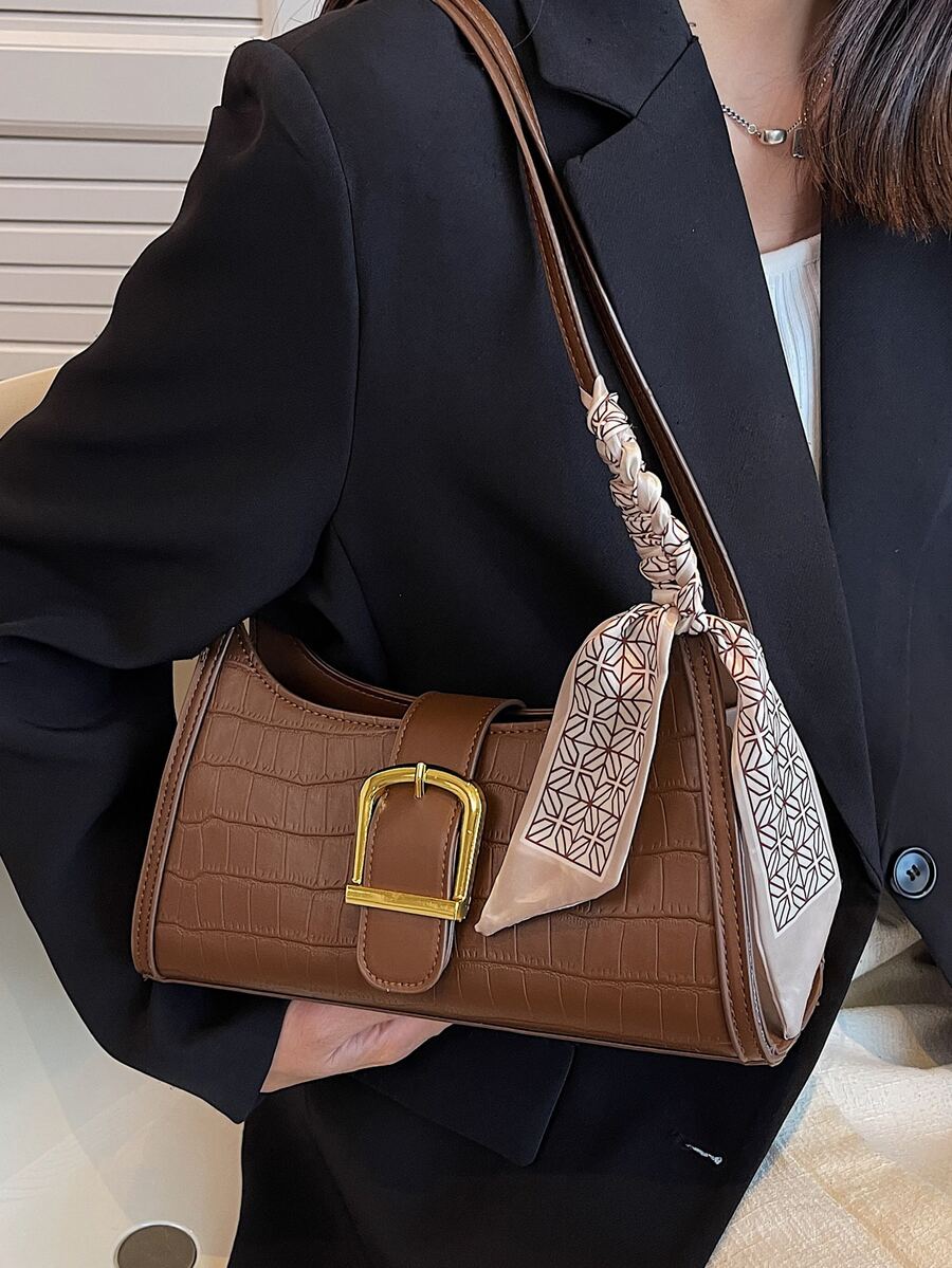 Crocodile Embossed Skinny Scarf Decor Bag - Coffee Brown - View 1