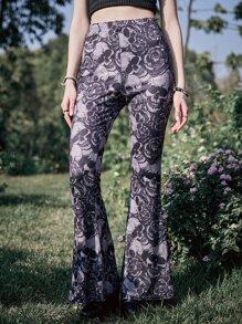 ROMWE Goth Skull & Floral Print Flare Leg Pants - Grey - View 2