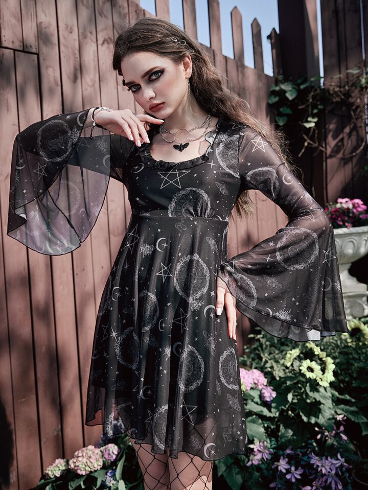 Our Goth Galaxy Print Flounce Sleeve Mesh Dress is such a vibe ROMWE