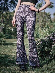 ROMWE Goth Skull & Floral Print Flare Leg Pants - Grey - View 4