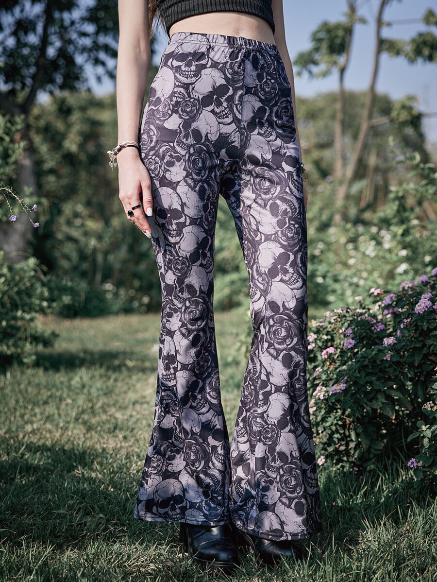 ROMWE Goth Skull & Floral Print Flare Leg Pants - Grey - View 1
