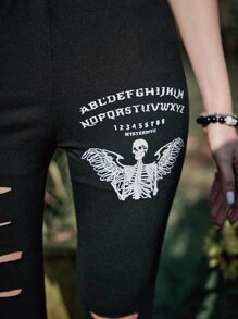 ROMWE Goth 骷髏圖案梯狀破洞緊身打底褲 - 黑色 - 查看 6