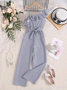 SHEIN Tween女孩條紋荷葉邊不對稱領跳躍服 - 藍白色 - 查看 1