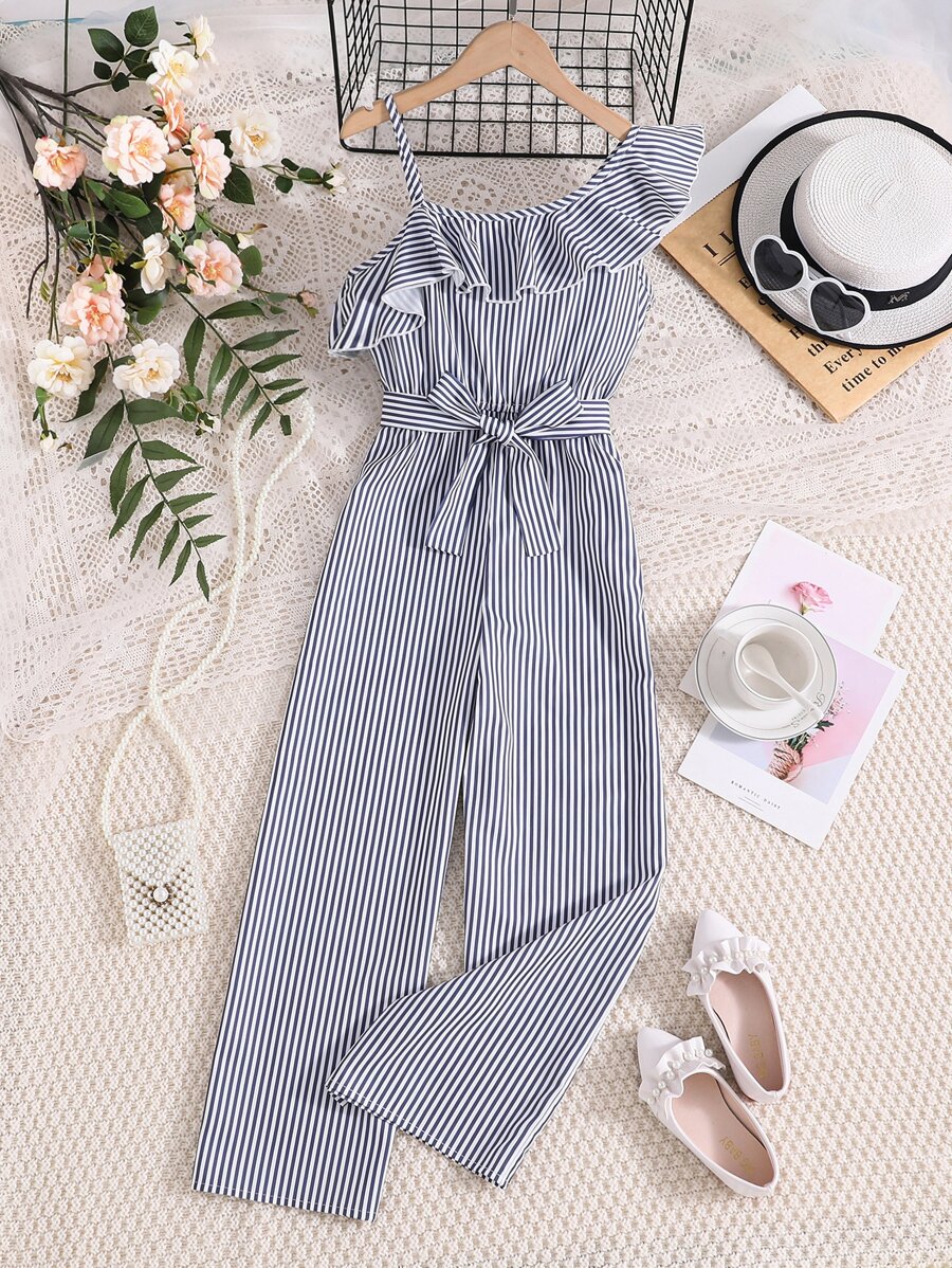 SHEIN Tween女孩條紋荷葉邊不對稱領跳躍服 - 藍白色 - 查看 1