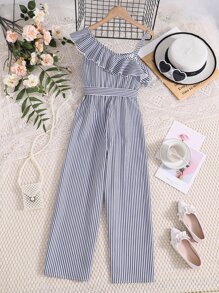 SHEIN Tween女孩條紋荷葉邊不對稱領跳躍服 - 藍白色 - 查看 2