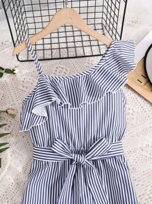 SHEIN Tween女孩條紋荷葉邊不對稱領跳躍服 - 藍白色 - 查看 3