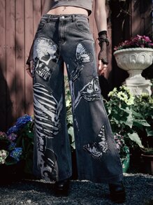 ROMWE Goth Jeans esqueleto & con estampado de mariposa de pierna ancha - Gris - Ver 2