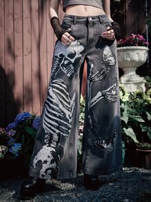ROMWE Goth Jeans esqueleto & con estampado de mariposa de pierna ancha - Gris - Ver 3