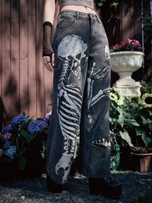 ROMWE Goth Jeans esqueleto & con estampado de mariposa de pierna ancha - Gris - Ver 4