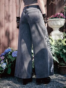ROMWE Goth Jeans esqueleto & con estampado de mariposa de pierna ancha - Gris - Ver 6