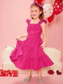 SHEIN Toddler Girls 1pc Ruched Bow Front Top & 1pc Ruffle Hem Skirt & Headband - Hot Pink - View 1