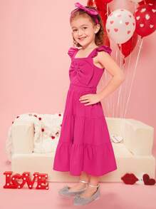 SHEIN Toddler Girls 1pc Ruched Bow Front Top & 1pc Ruffle Hem Skirt & Headband - Hot Pink - View 6