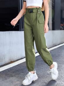 SHEIN 女孩翻蓋口袋腰帶工裝褲