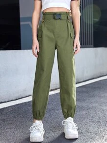 SHEIN 女孩翻蓋口袋腰帶工裝褲