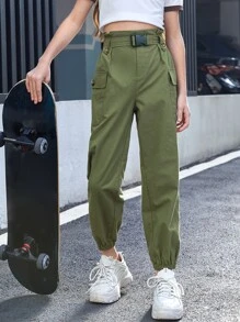 SHEIN 女孩翻蓋口袋腰帶工裝褲