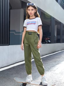 SHEIN 女孩翻蓋口袋腰帶工裝褲