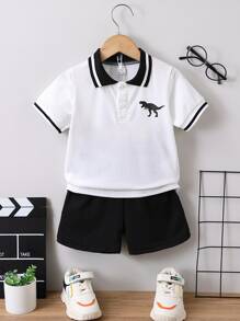 SHEIN Young Boy Black And White Dinosaur Print Polo Shirt And Shorts Set, Summer - Black and White - View 1