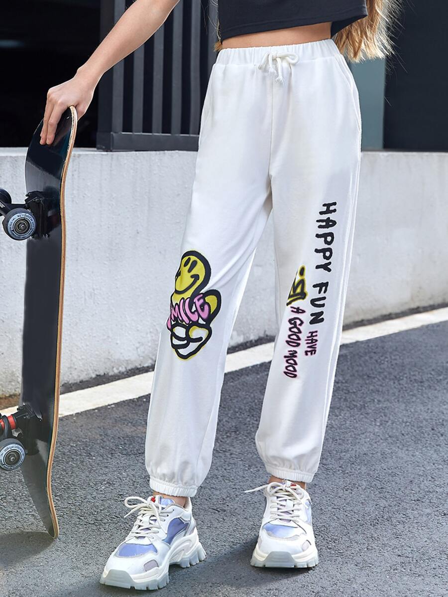SHEIN Girls Slogan & Expression Print Joggers - White - View 1