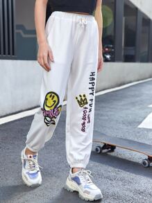 SHEIN Girls Slogan & Expression Print Joggers - White - View 3
