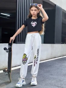 SHEIN Girls Slogan & Expression Print Joggers - White - View 5