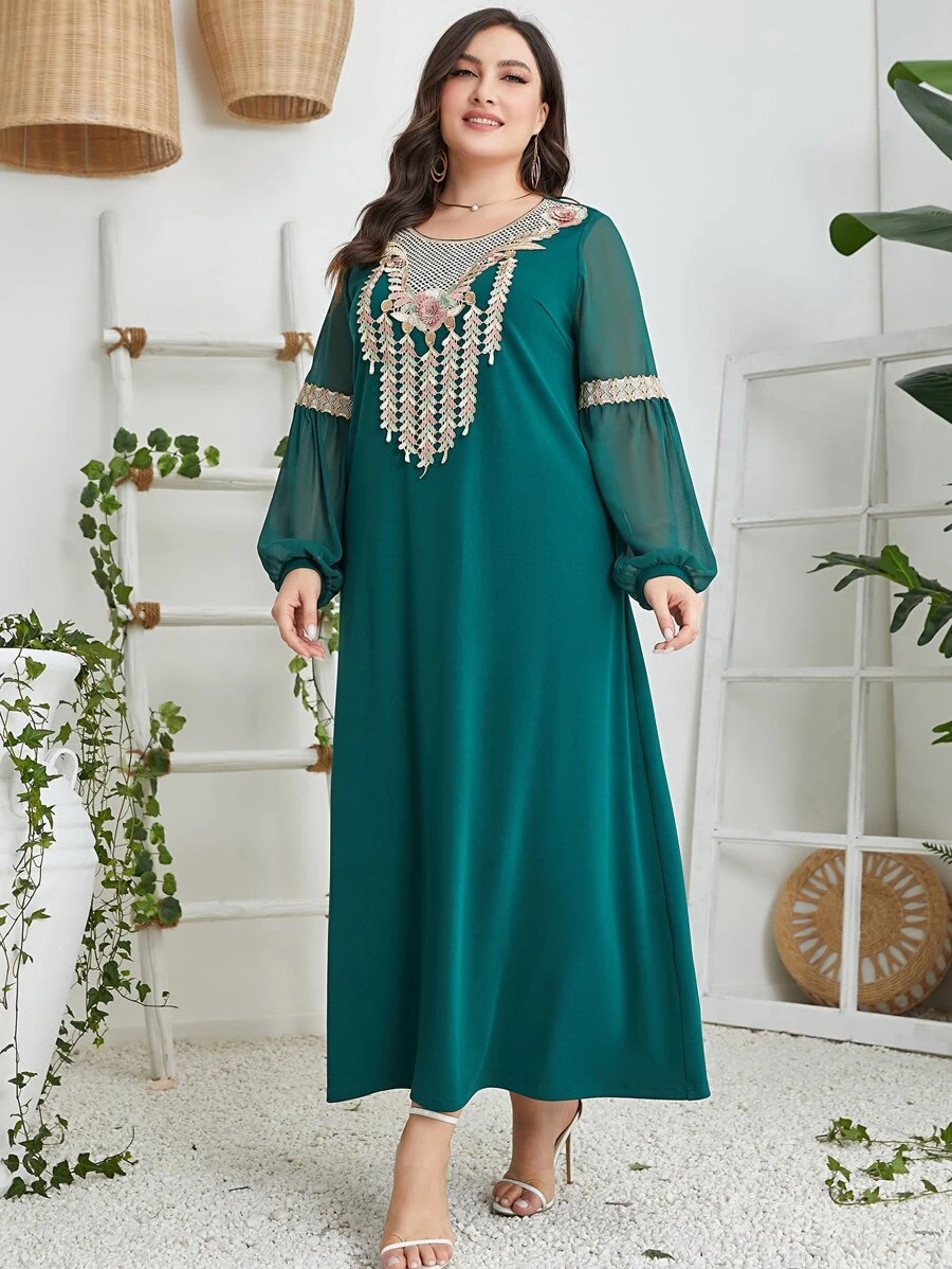 Al Najma Plus Floral Embroidery Lantern Sleeve Dress Kaftan Jalabiya Dress - Teal Blue - View 1
