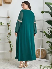 Al Najma Plus Floral Embroidery Lantern Sleeve Dress Kaftan Jalabiya Dress - Teal Blue - View 2