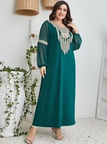 Al Najma Plus Floral Embroidery Lantern Sleeve Dress Kaftan Jalabiya Dress - Teal Blue - View 3