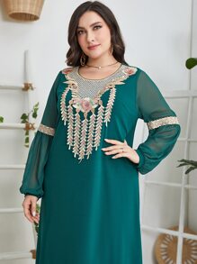 Al Najma Plus Floral Embroidery Lantern Sleeve Dress Kaftan Jalabiya Dress - Teal Blue - View 4