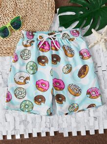 Tween Boy Donuts Print Drawstring Waist Swim Shorts - Baby Blue - View 1