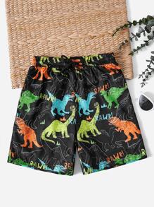 Boys Dinosaur Print Drawstring Waist Swim Shorts - Black - View 1