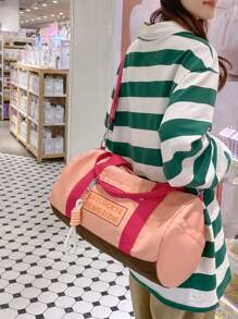 Colourblock Letter Print Duffel Bag - Pink - View 2