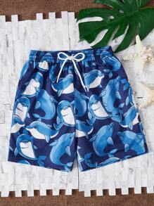 SHEIN Boys Allover Dolphin Print Drawstring Swim Shorts - Navy Blue - View 1