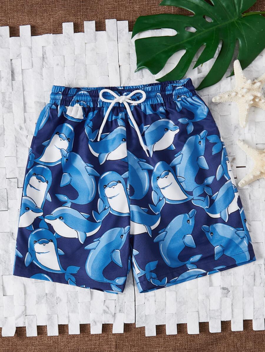 SHEIN Boys Allover Dolphin Print Drawstring Swim Shorts - Navy Blue - View 1