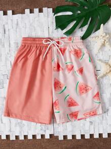 SHEIN Boys Watermelon Print Drawstring Waist Swim Shorts - Multicolor - View 1