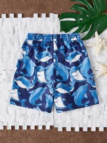 SHEIN Boys Allover Dolphin Print Drawstring Swim Shorts - Navy Blue - View 2