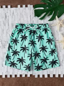 SHEIN Tween Boys Swimwear - Vacation & Leisure Blue Palm Tree Print Swim Trunks. Features Woven Fabric, Classic Swim Shorts Design. Fashionable, Casual, And Relaxed Style. Perfect For Swimming, Summer Vacations, Beach, Pool Trips, And Holiday Activities. - Mint Blue - View 1