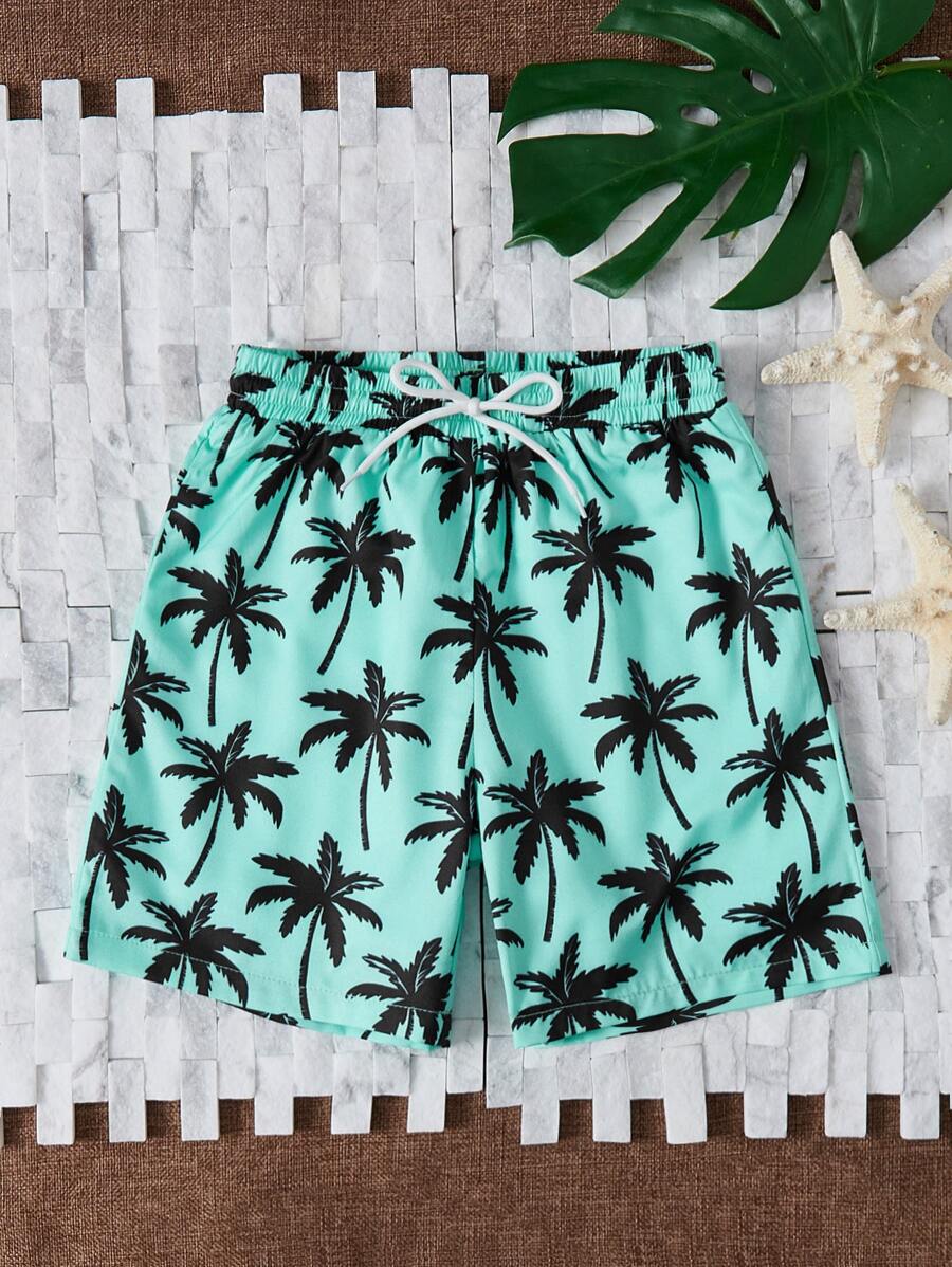 SHEIN Tween Boys Swimwear - Vacation & Leisure Blue Palm Tree Print Swim Trunks. Features Woven Fabric, Classic Swim Shorts Design. Fashionable, Casual, And Relaxed Style. Perfect For Swimming, Summer Vacations, Beach, Pool Trips, And Holiday Activities. - Mint Blue - View 1