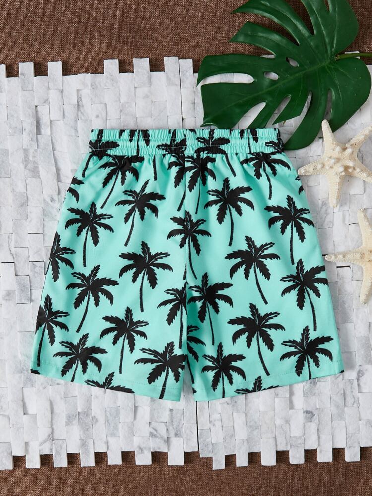 Tween Boys Swimwear,Mint Green Palm Tree Print Swim Trunks,Summer Funny Beach Vacation Holiday Casual Woven Fabric Swim Shorts For Pool Activities