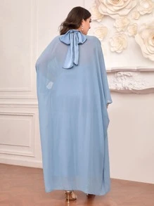 Modelyn 大碼開門襟外套和抽褶細節掛脖連衣裙不附腰帶 - 霧霾藍 - 查看 3