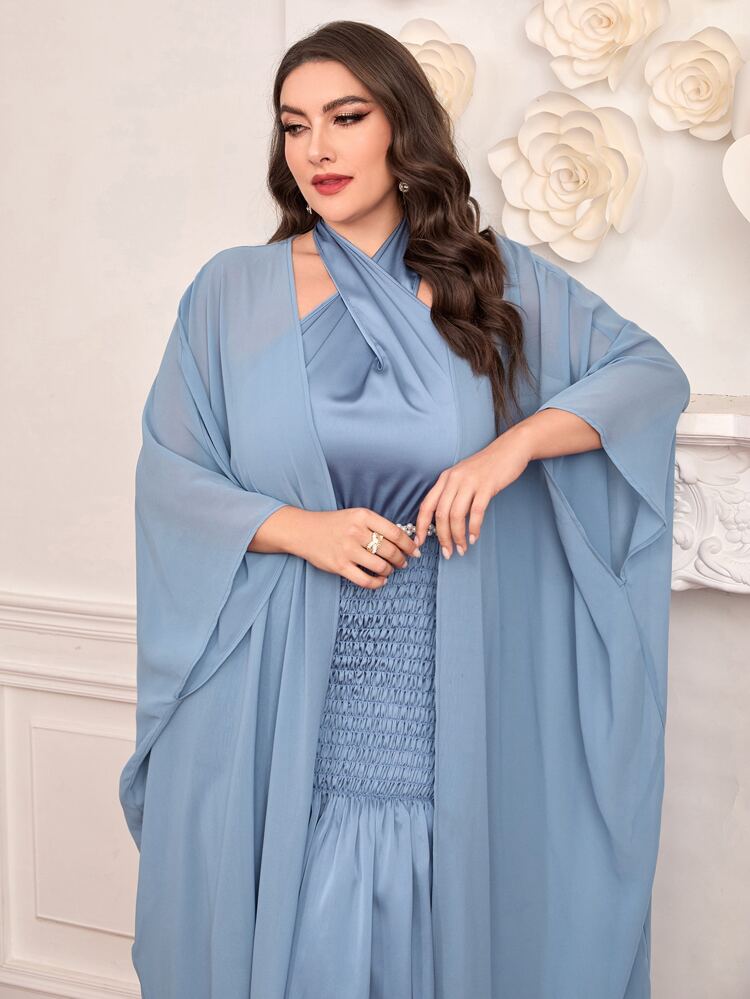 Plus Open Front Coat & Shirred Detail Halter Dress Without Belt