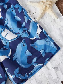 SHEIN Boys Allover Dolphin Print Drawstring Swim Shorts - Navy Blue - View 4