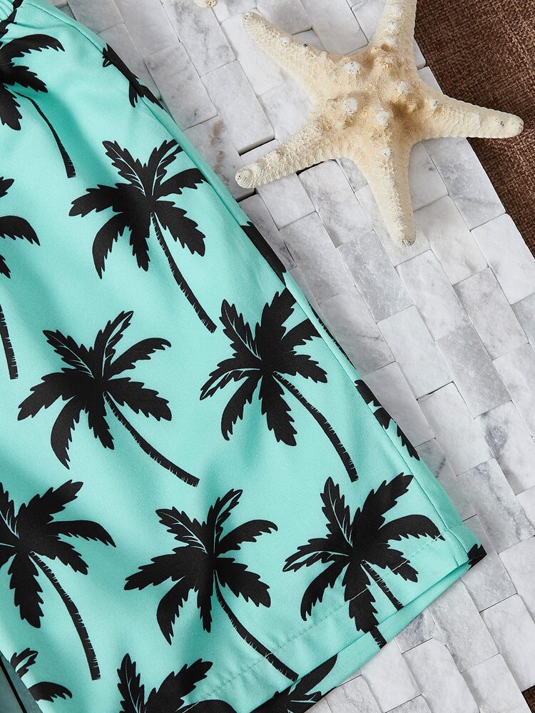 Tween Boys Swimwear,Mint Green Palm Tree Print Swim Trunks,Summer Funny Beach Vacation Holiday Casual Woven Fabric Swim Shorts For Pool Activities