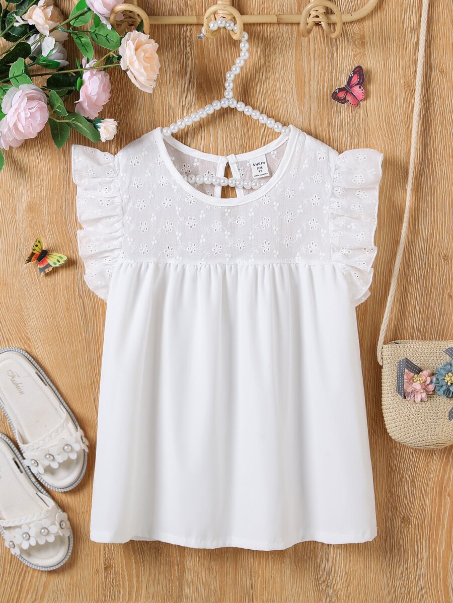 SHEIN 女孩網眼刺繡荷葉邊襯衫 - 白色 - 查看 1