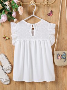 SHEIN 女孩網眼刺繡荷葉邊襯衫 - 白色 - 查看 2